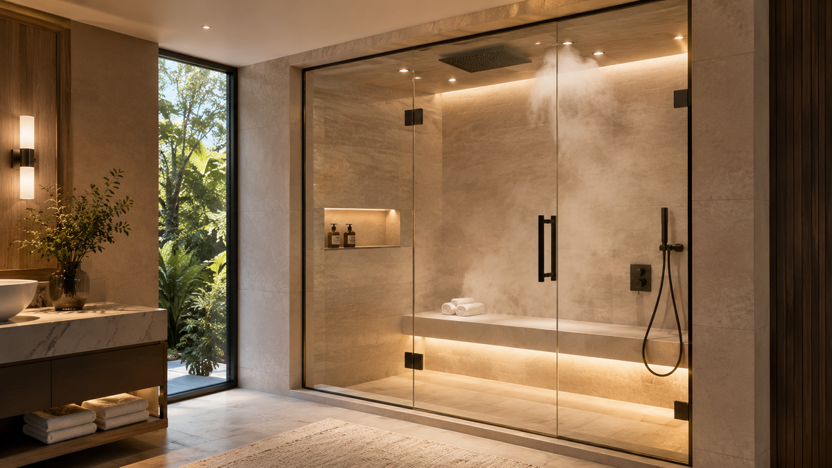 Luxury steam shower interior with glass enclosure and steam head in a spa-inspired bathroom