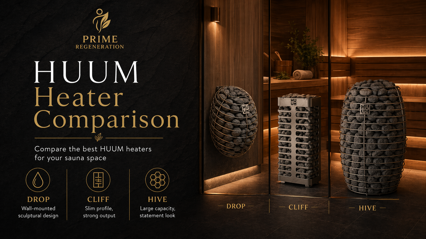 HUUM sauna heater comparison showing Drop, Cliff, and Hive models side by side - Prime Regeneration HUUM heater guide