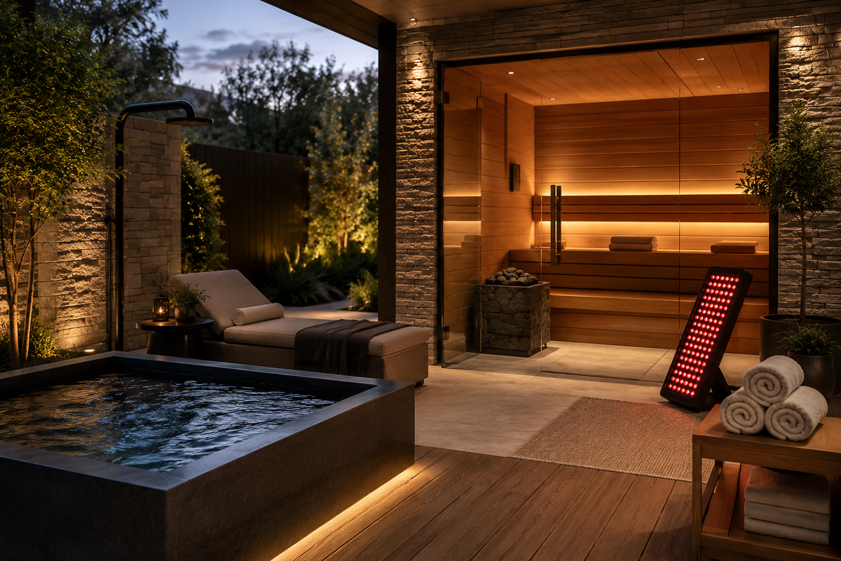 Luxury outdoor home wellness retreat at dusk featuring a cold plunge tub, traditional sauna with cedar benches and stone heater, red light therapy panel, and lounge chairs surrounded by warm ambient lighting