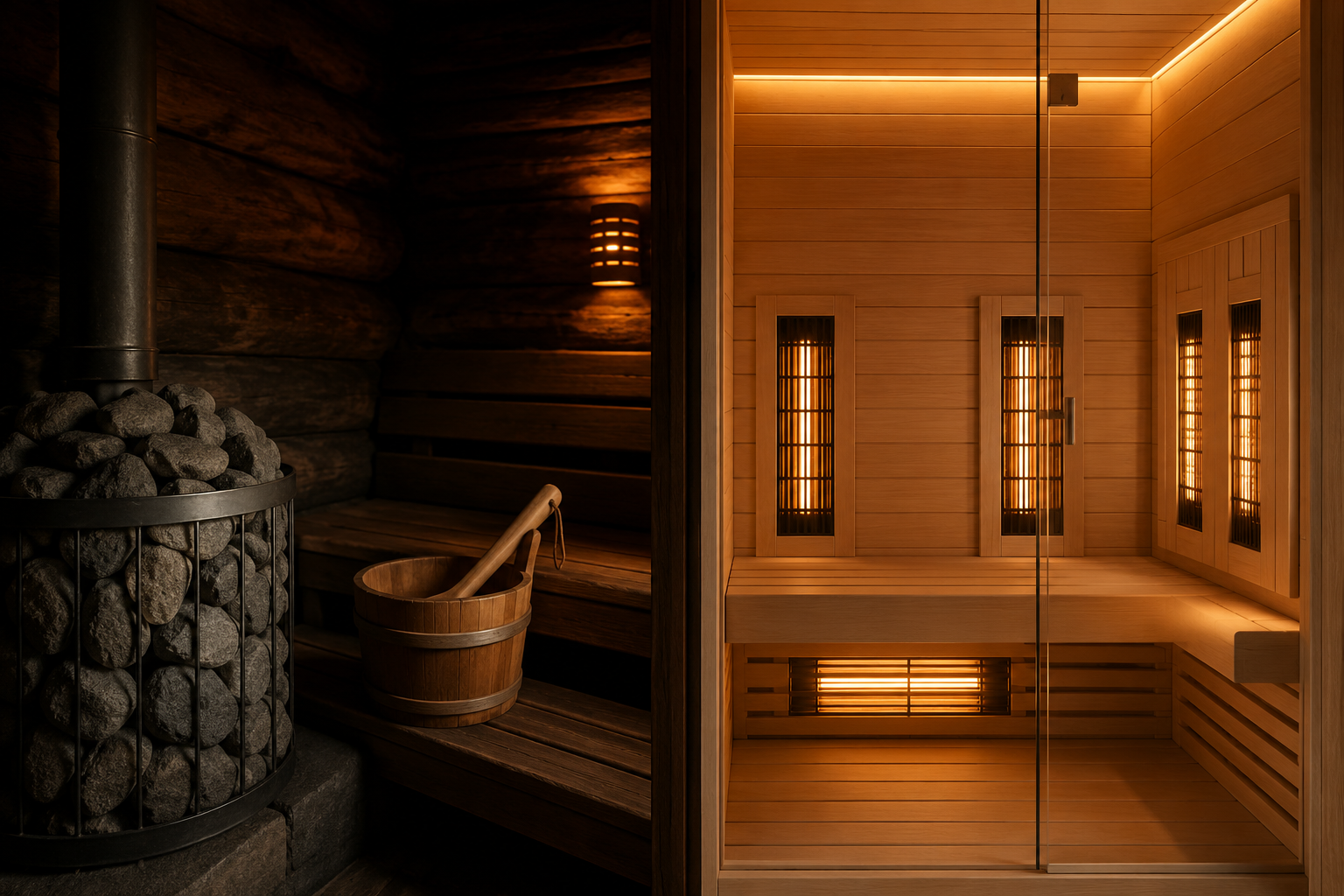 Side-by-side comparison of a traditional Finnish sauna with stone heater and wooden bucket alongside a modern infrared sauna cabin with glowing panels