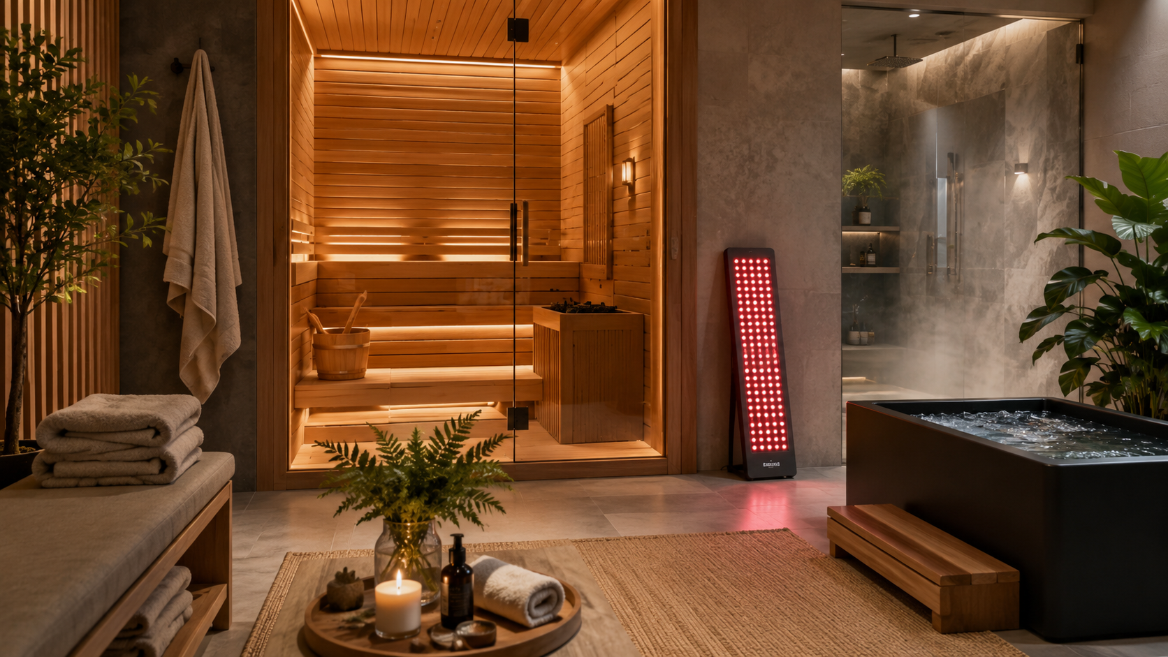 Luxury home wellness space with sauna, towels, plants, and warm spa lighting.