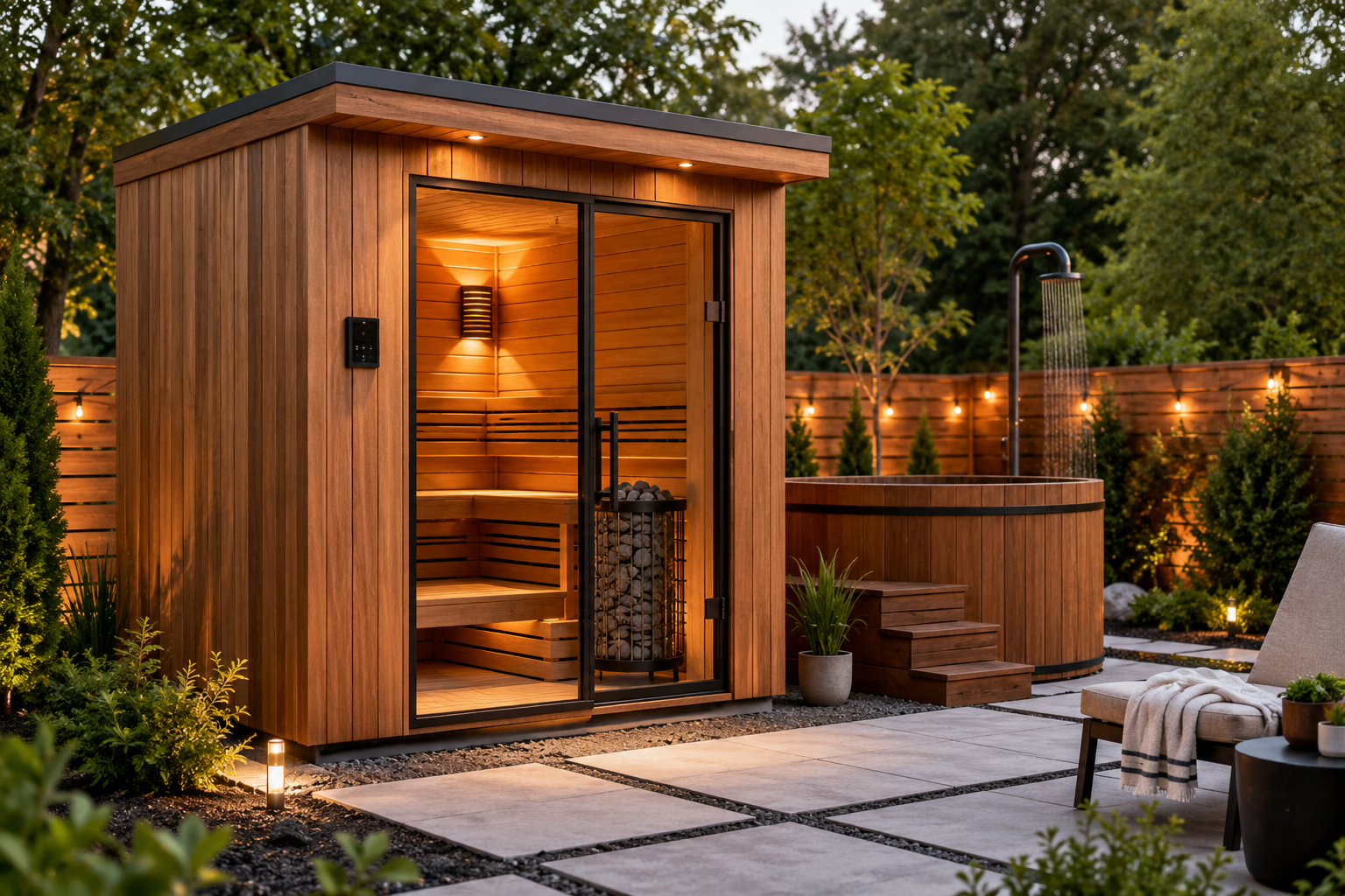 Outdoor sauna kit installed in a modern backyard wellness space