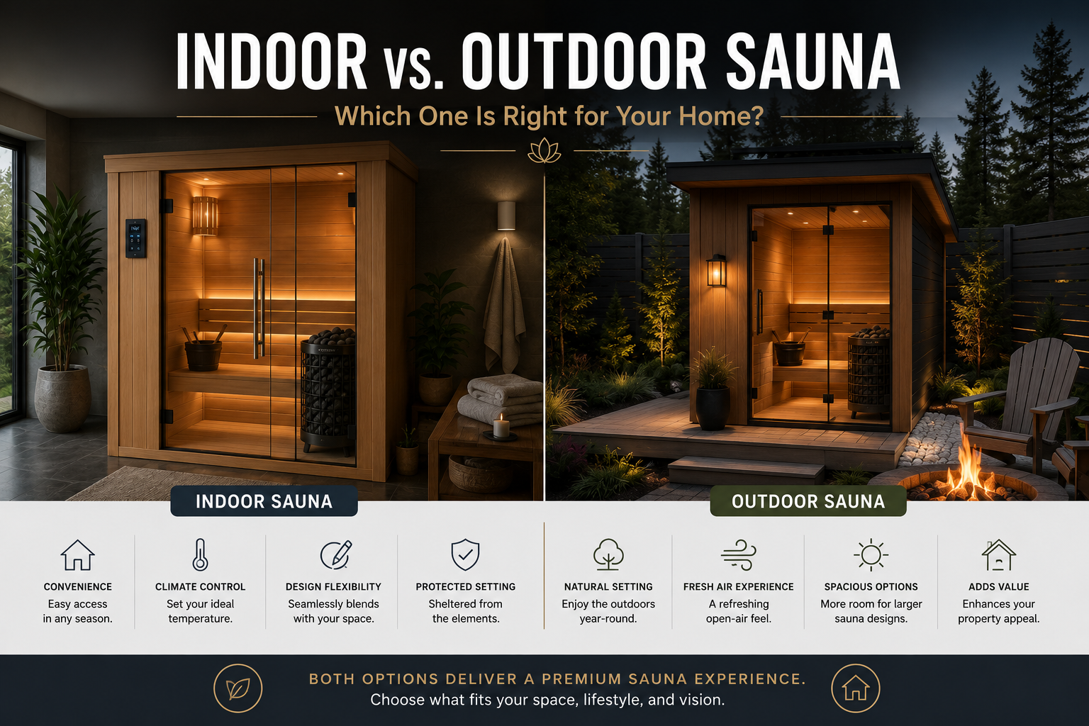 Split image of an indoor sauna and outdoor sauna — home wellness lifestyle comparison