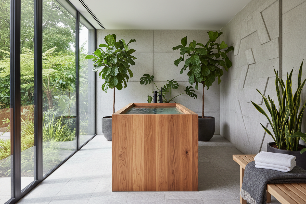 Luxury wooden cold plunge tub in a modern spa setting with floor-to-ceiling windows and tropical plants