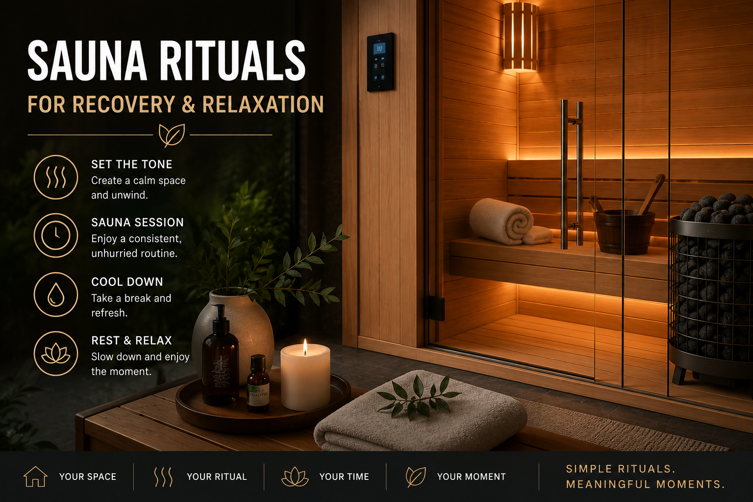 Luxury home sauna interior with rolled towel and sauna pail — lifestyle wellness setting