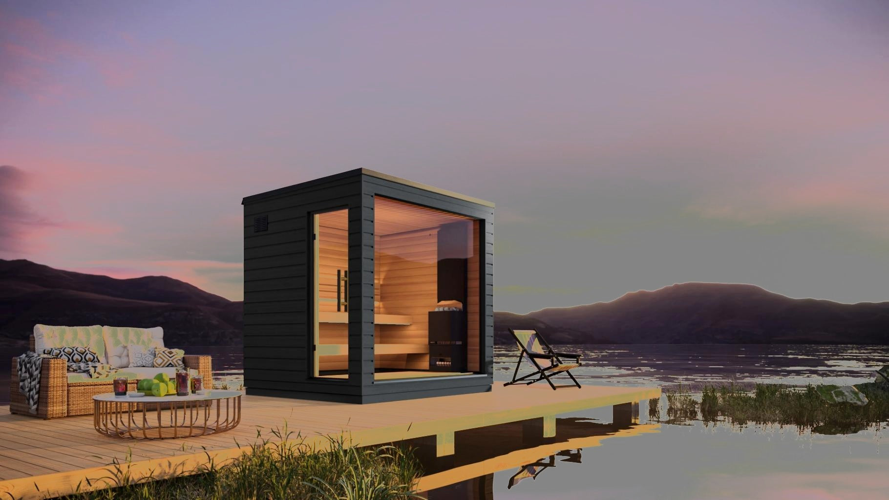 SaunaLife G6 luxury outdoor sauna at dusk in a backyard wellness setting