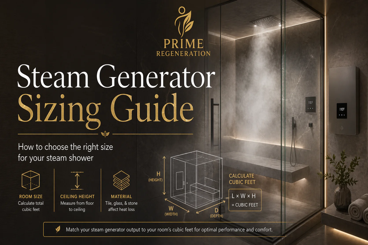 Steam generator sizing guide infographic showing how to calculate cubic feet by room size, ceiling height, and materials - Prime Regeneration