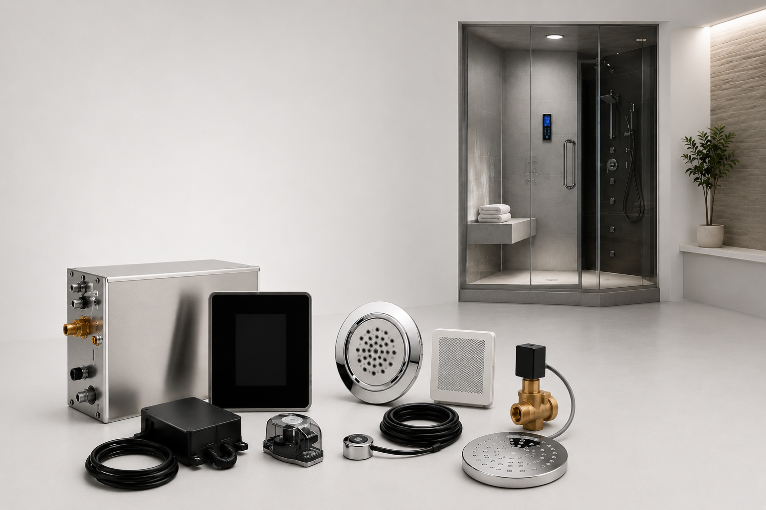 steam shower components with a steam shower in the background.