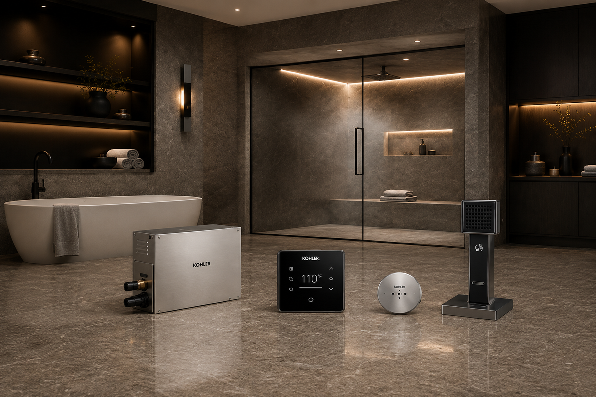Premium steam shower systems for home, featuring generators, controls, and accessories in a stylish bathroom setting.