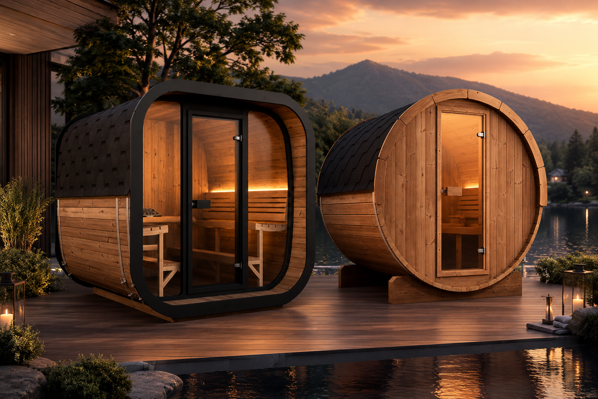Premium outdoor sauna kits featuring barrel and cube designs, perfect for luxury backyard wellness.