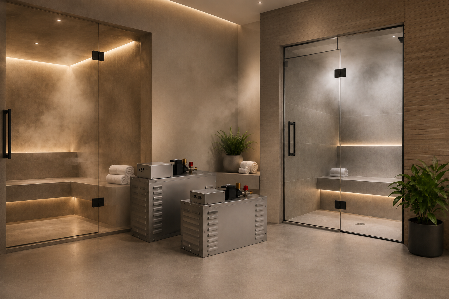 Luxury home wellness room featuring a steam sauna with glowing amber light and a glass-door steam shower, with a stainless steel steam generator in the foreground