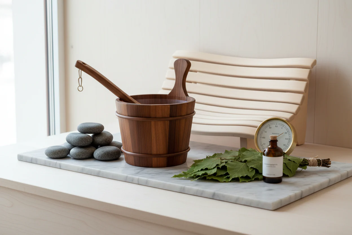 Premium sauna accessories including a wooden bucket, ladle, stones, and thermometer for ultimate relaxation.