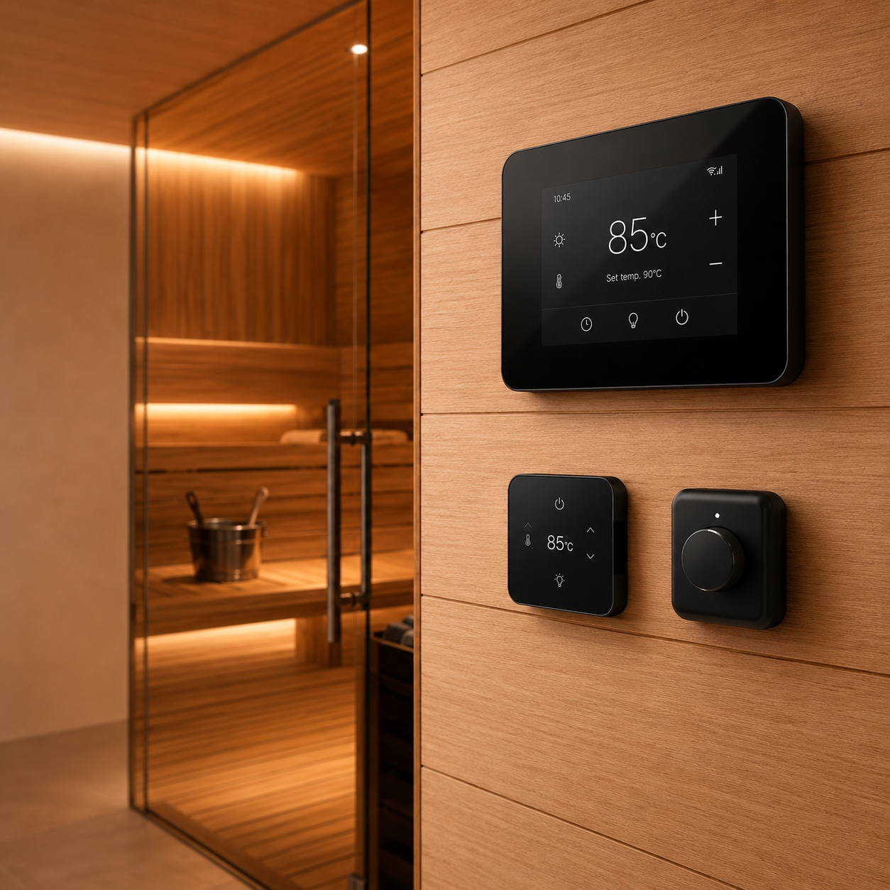 sauna controls on the outside of the sauna