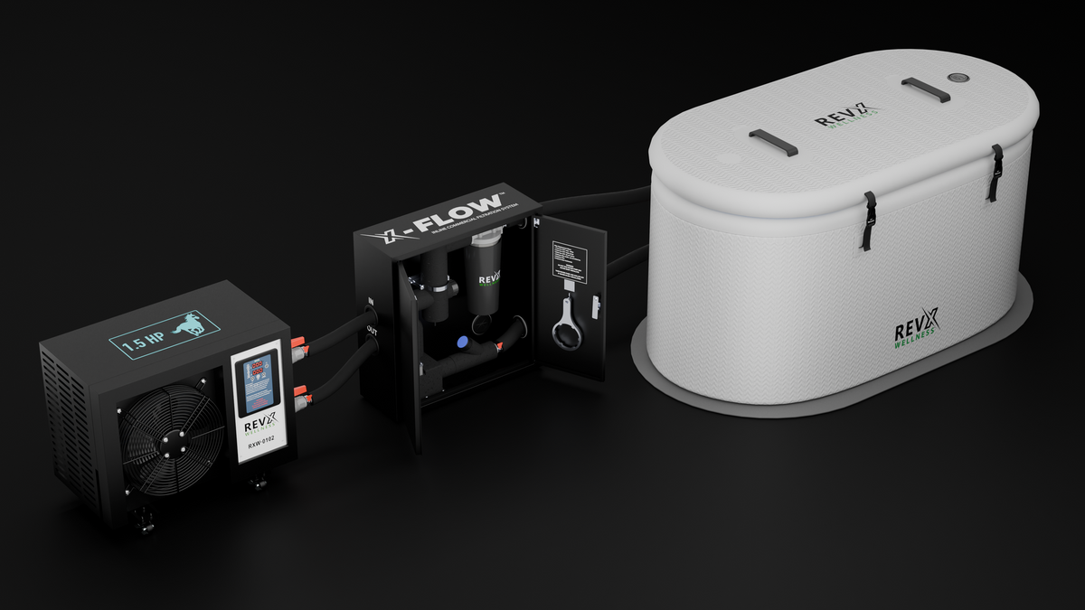 RevX chiller, X-FLOW filtration cabinet and tub on a dark background