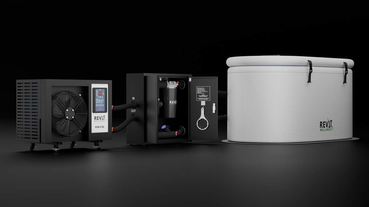 RevX X-FLOW cabinet beside an inflatable tub on a dark background