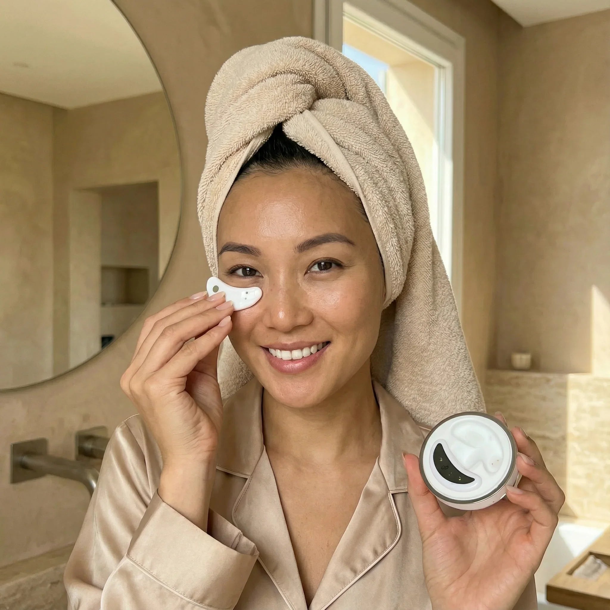 Woman applying eye therapy device with a towel on her head in a bathroom.