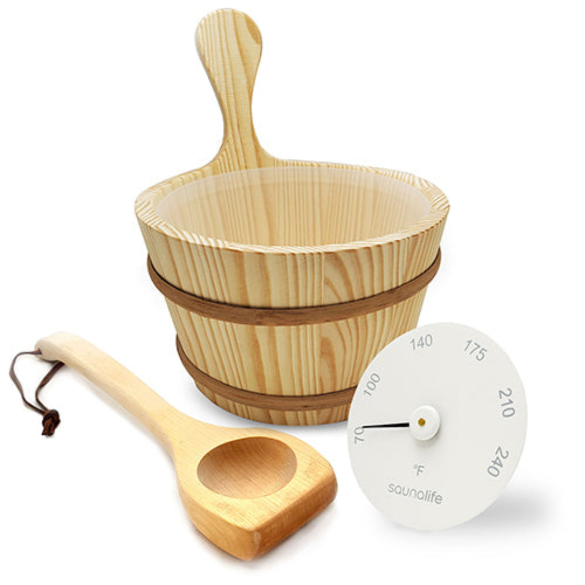 Wood Sauna Bucket and Ladle Set w/ white Thermometer