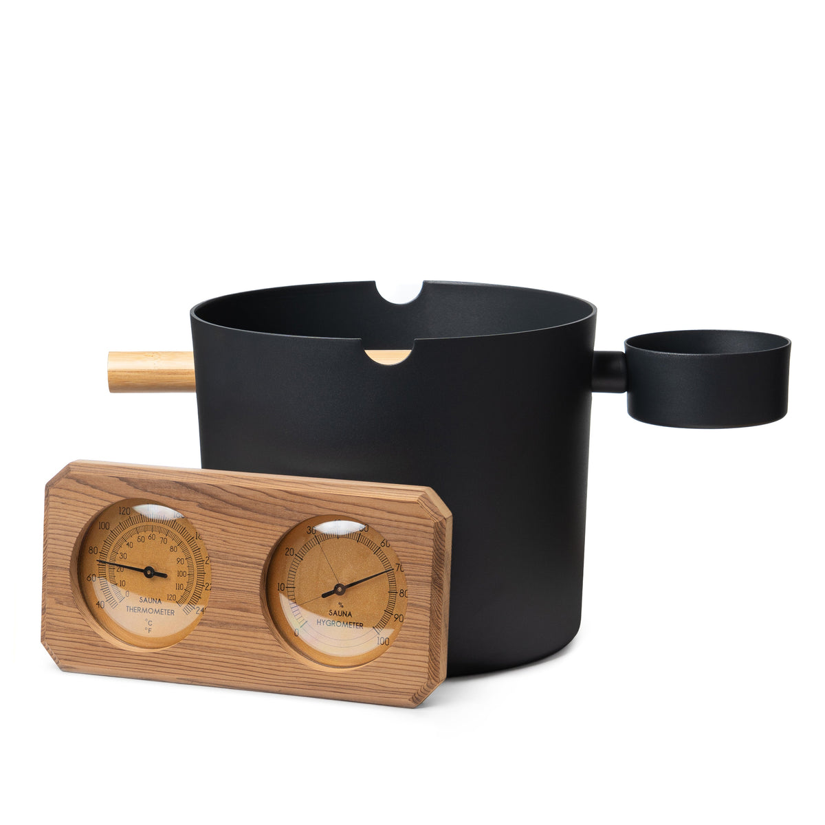 SaunaLife Essentials Set 7
Aluminum Sauna Bucket and Ladle Set w/ Wood Thermometer and Hygrometer in black