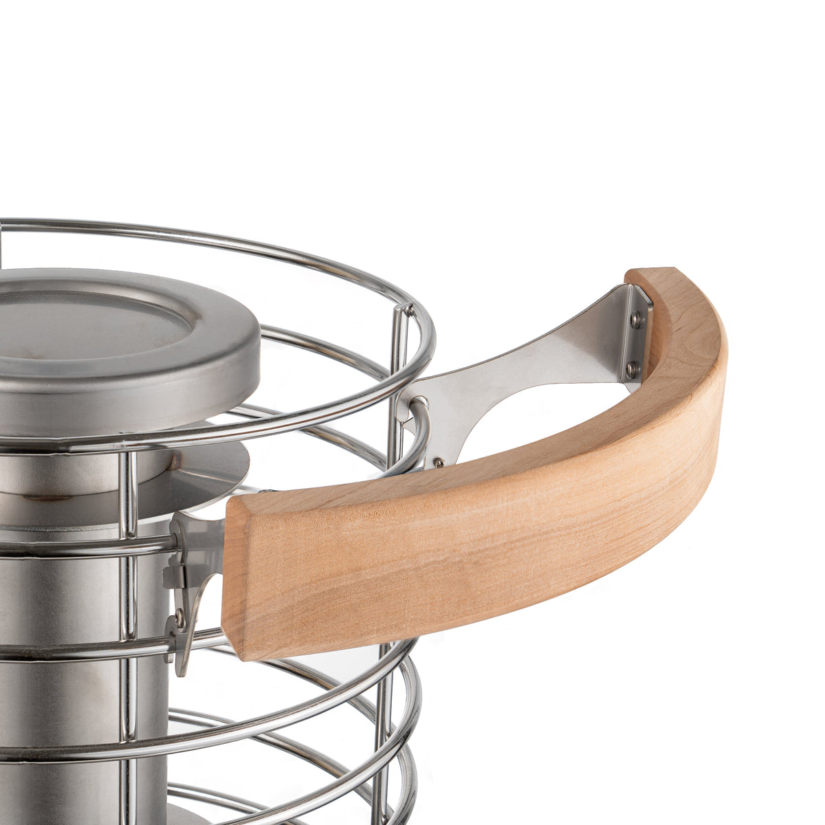 Close-up of a metal wire basket holder with a SaunaLife TITAN SL1 Heater Guard on a white background.