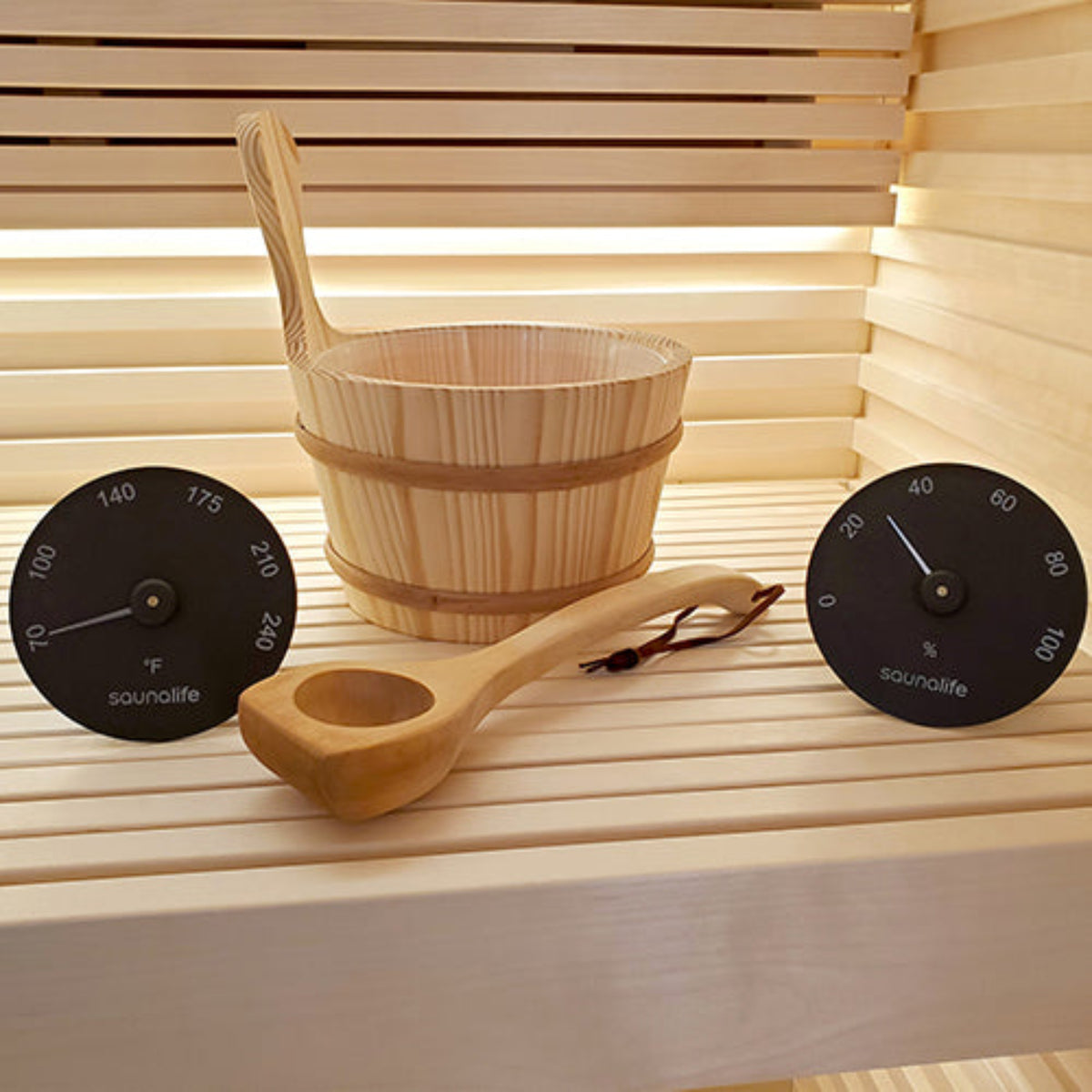 Wood Sauna Bucket and Ladle Set w/ Black Thermometer and Hygrometer on wooden sauna bench