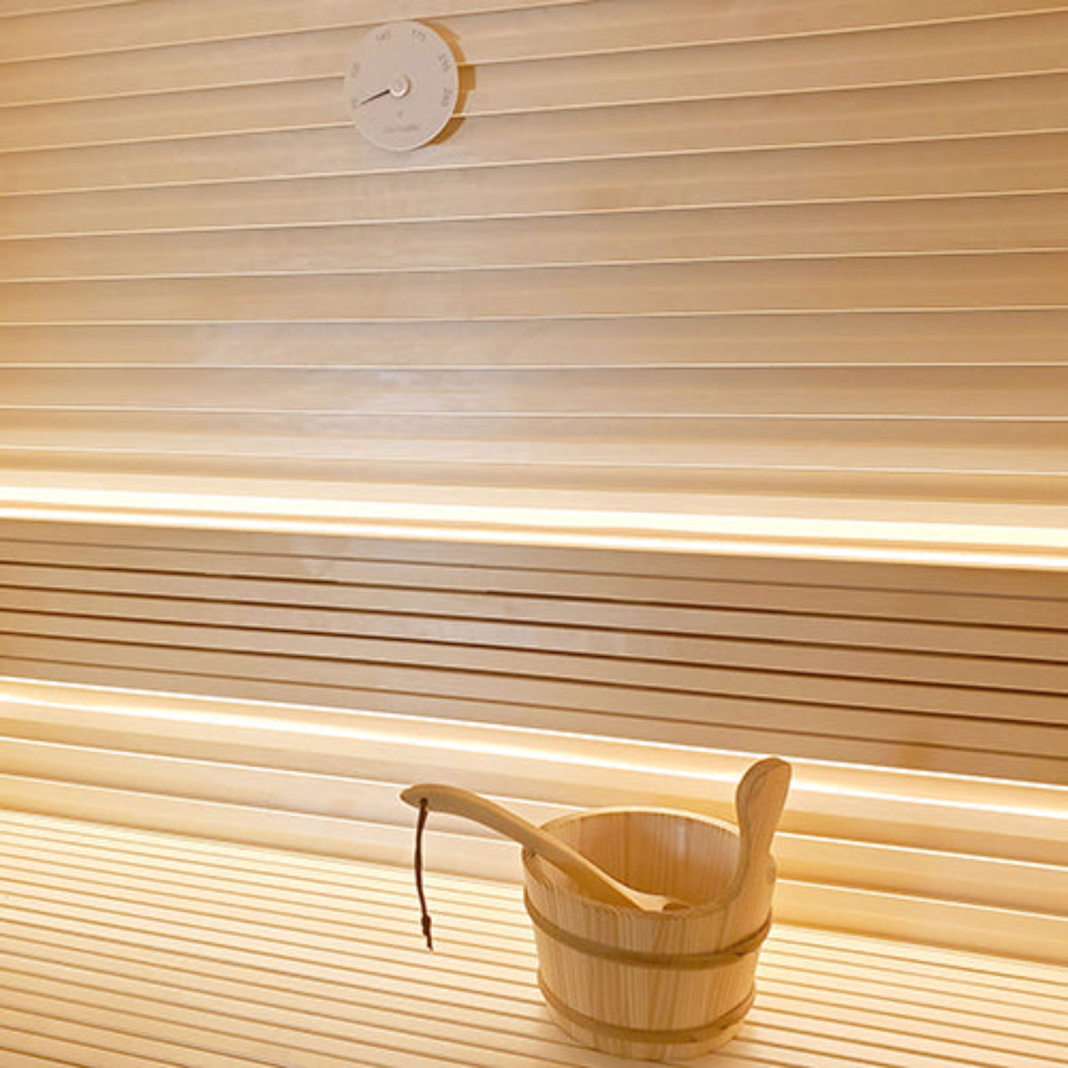 Wood Sauna Bucket and Ladle Set w/ white Thermometer hanging in sauna