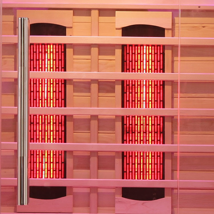 Full Spectrum Infrared Sauna heating panels with red lights and wooden framework.