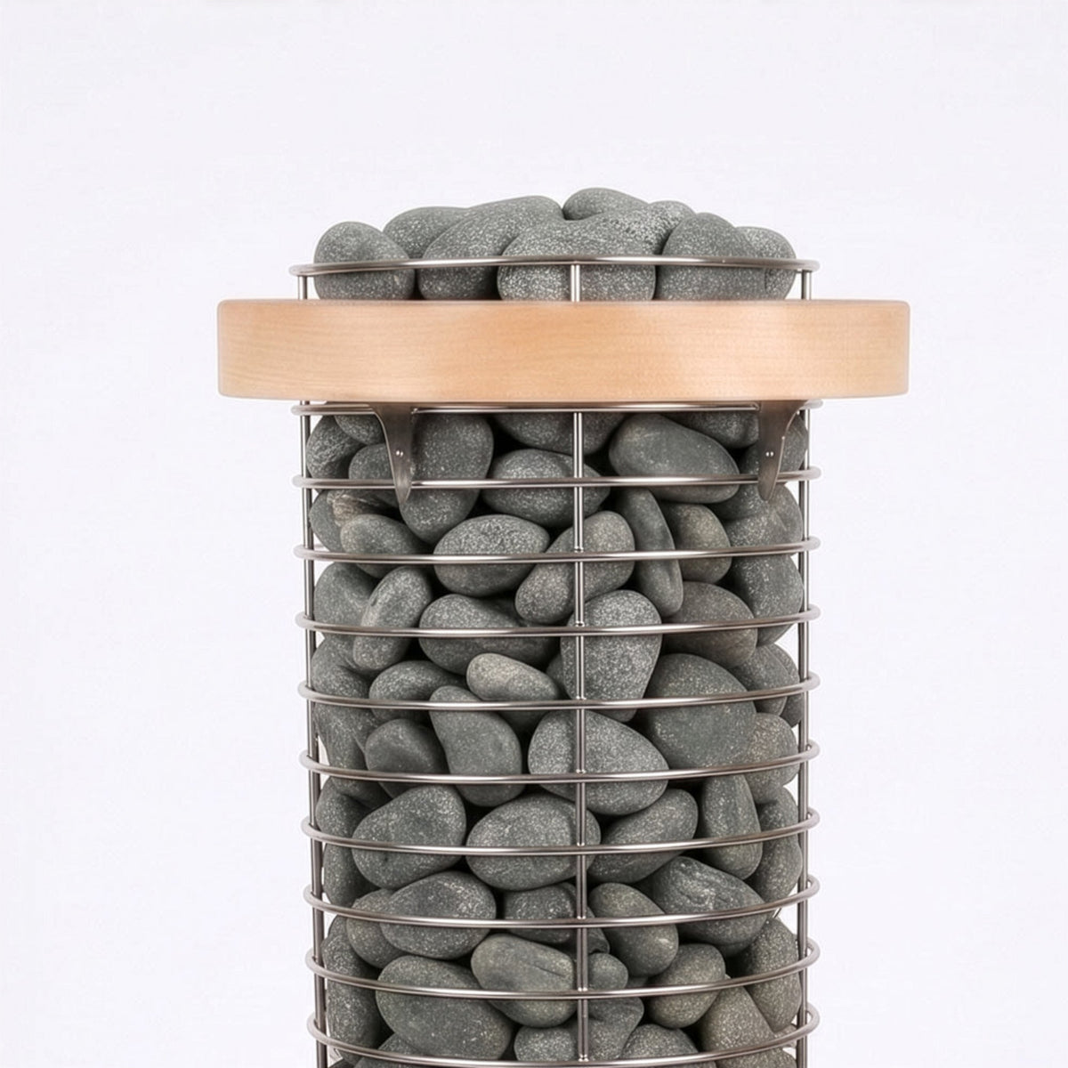 A cylindrical metal wire basket filled with smooth gray stones, topped with a light natural wood lid, shown against a plain white background.
