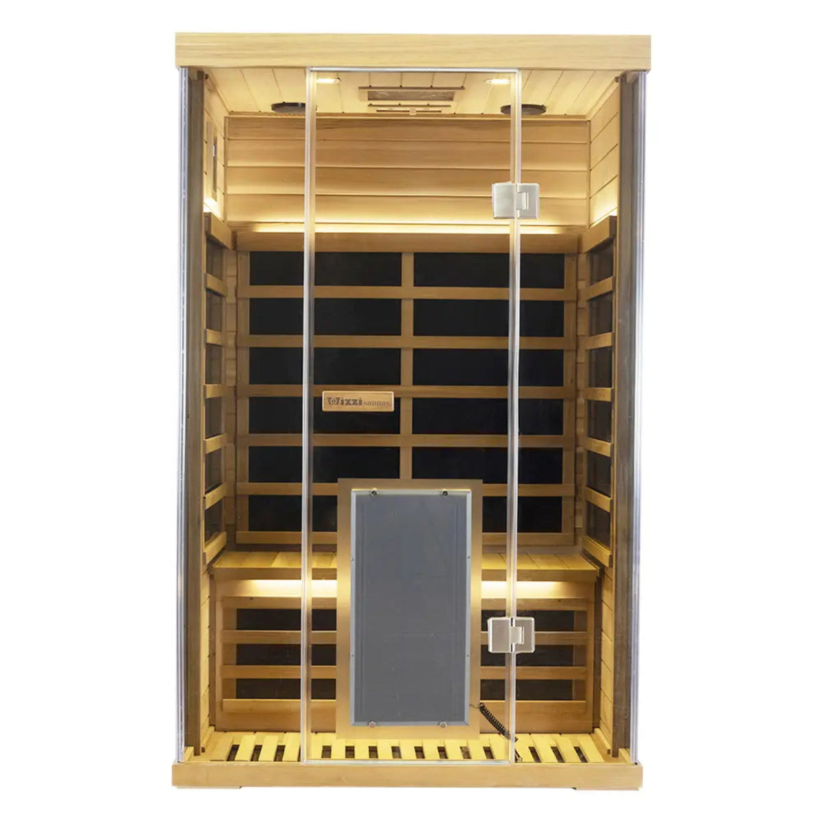 Interior view of Wizzisaunas SR02 2-person infrared sauna red cedar with warm lighting and wooden slats.