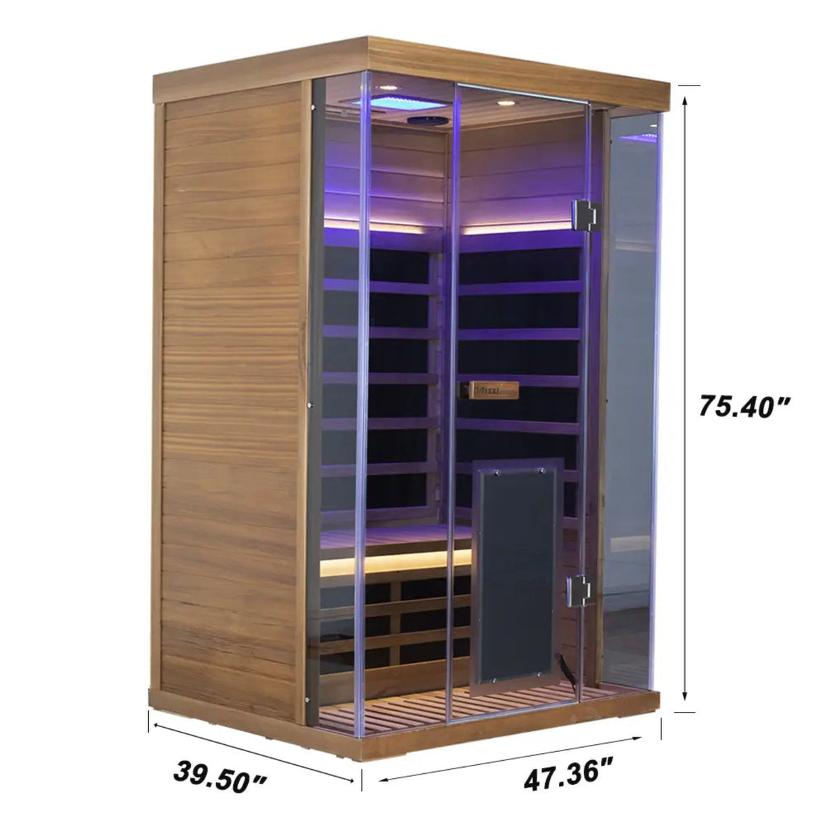 2-person infrared sauna red cedar with dimensions 39.50in x 47.36in x 75.40in, showcasing its sleek design and features.