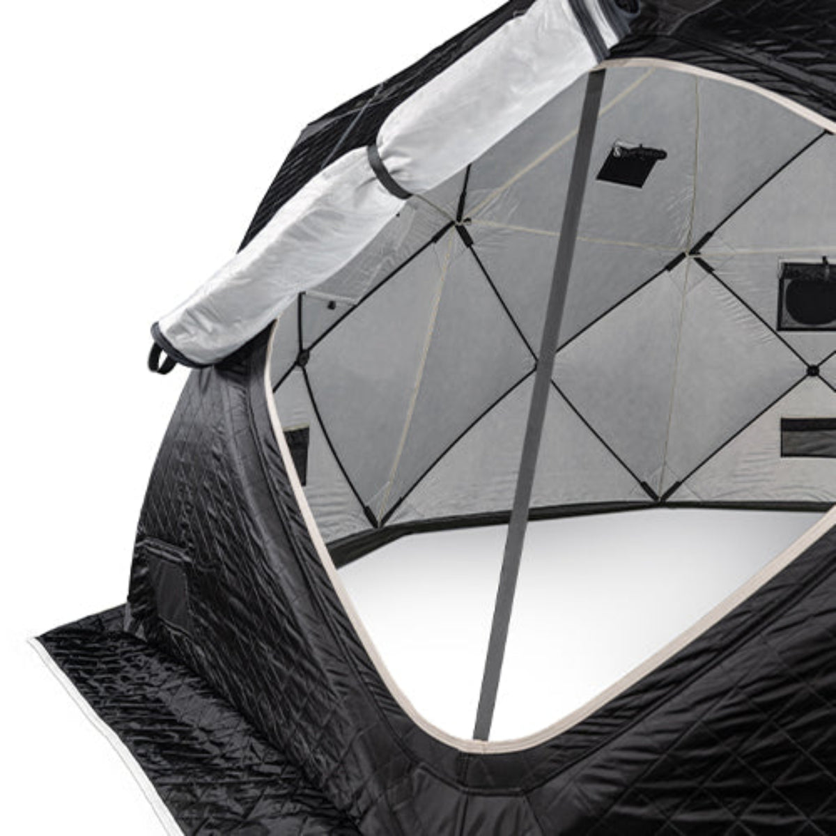 Close-up of a black and gray SaunaLife SaunaTrekker XL Portable Sauna Tent interior with a white floor panel and mesh window, shown on a white background.