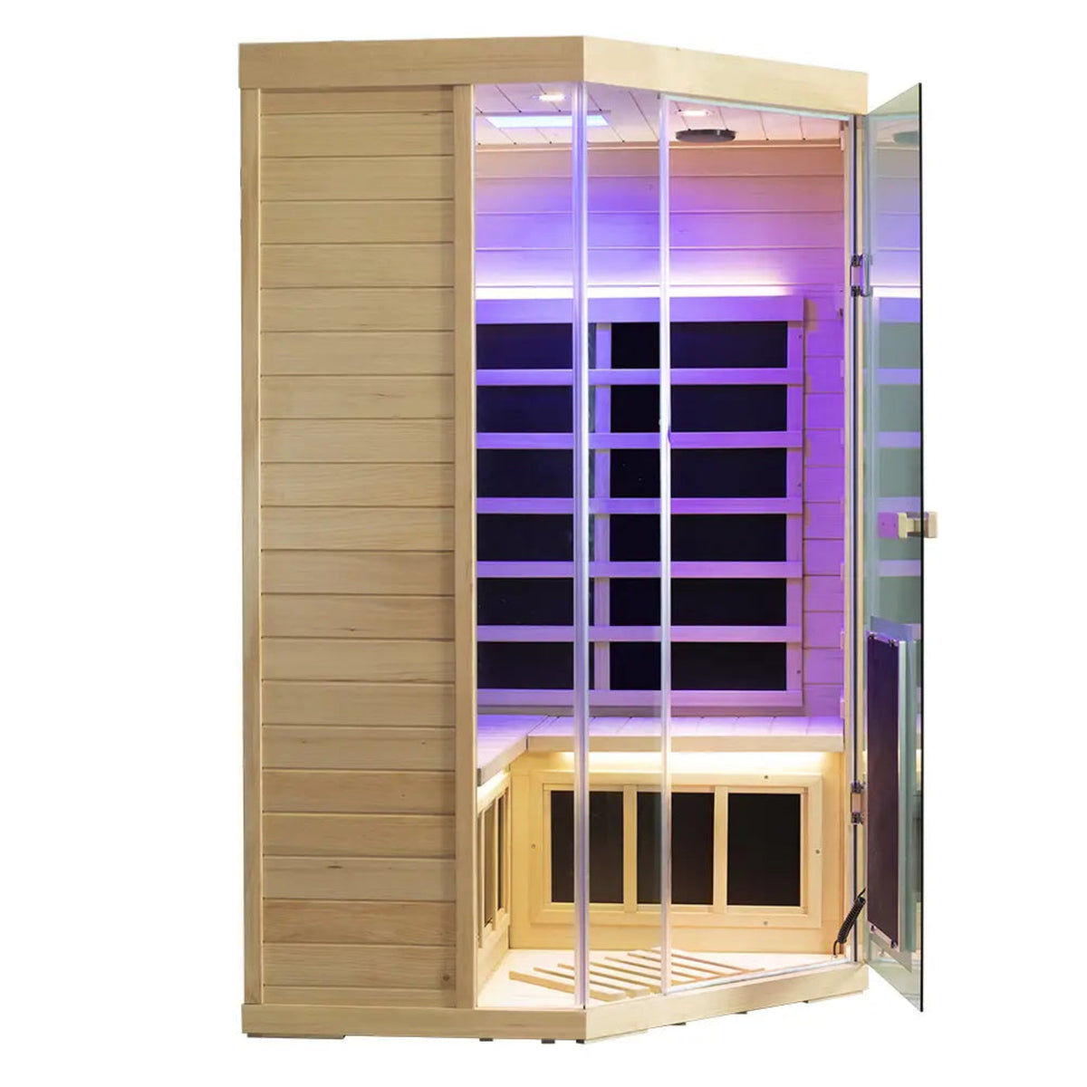 Corner infrared sauna for 2-3 people featuring hemlock wood, glass door, and colorful lighting.