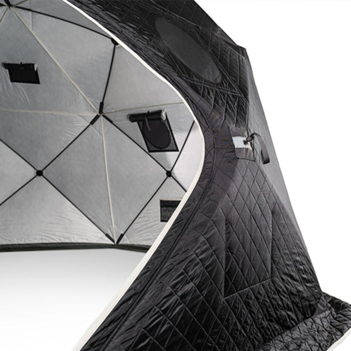 A close-up of a black diamond-quilted SaunaLife SaunaTrekker XL Portable Sauna Tent with a white trim and visible ventilation or window panels, shown against a plain white background.