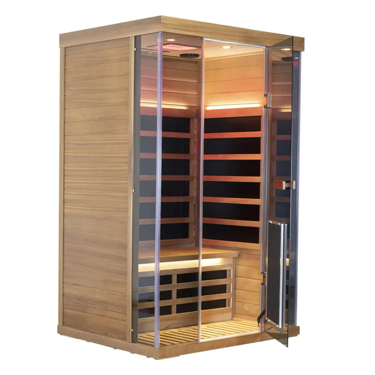 2-person infrared sauna red cedar from Wizzisaunas SR02, showcasing modern design with glass doors and interior seating.