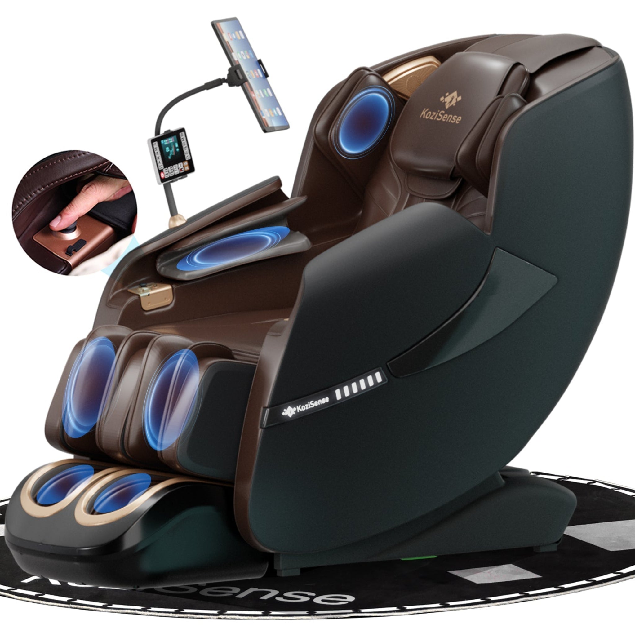 "KoziSense A18 3D SL-Track massage chair in brown/black with automatic body detection, AI voice control, and Bluetooth audio."