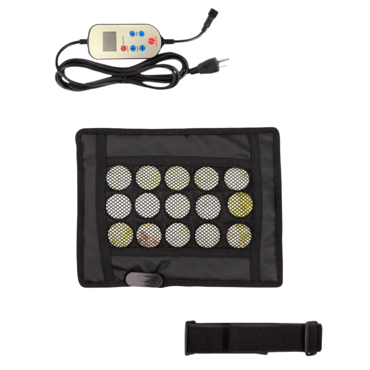 Healing Pad Mini Infrared Heating Pad shown with controller, mesh design, and adjustable strap for personalized comfort.