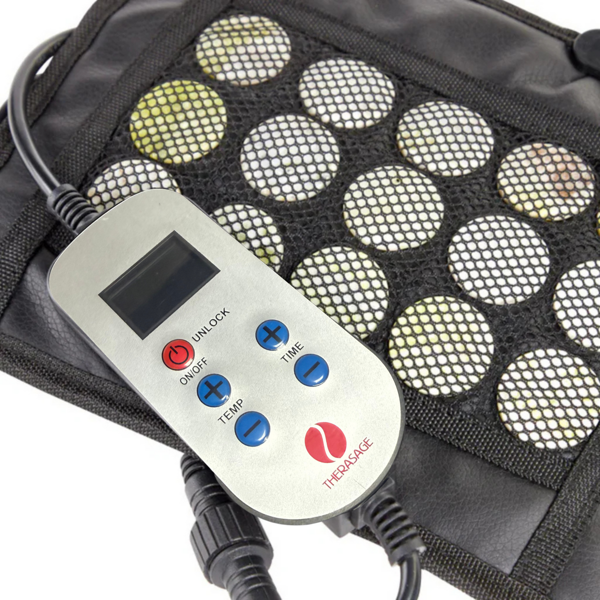 Therasage Healing Pad Mini Infrared Heating Pad remote control showing settings for temperature and timer.