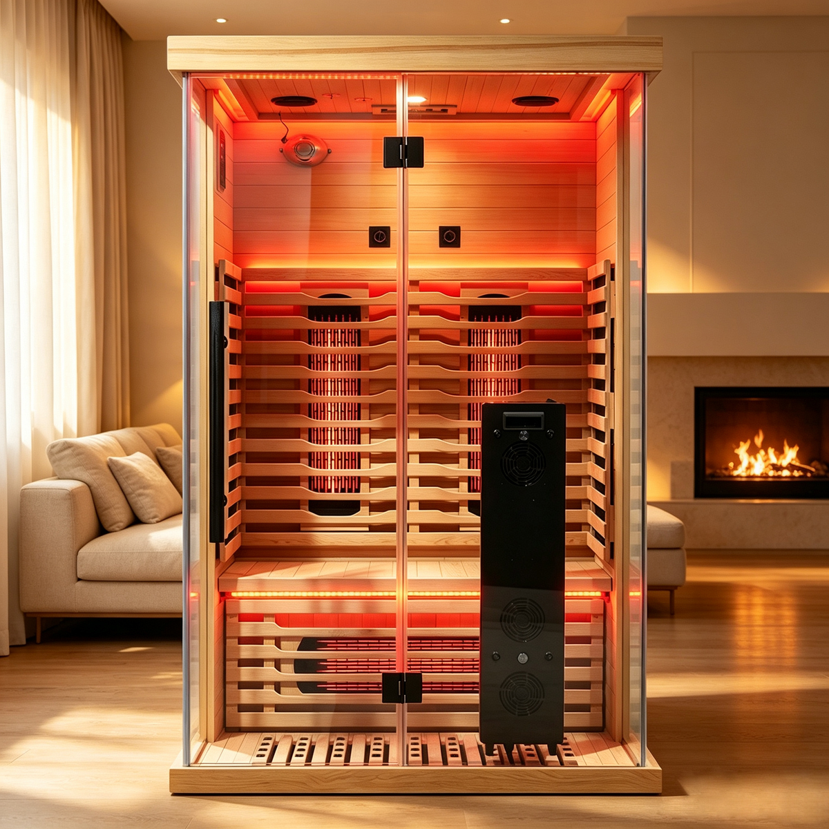 Full Spectrum Infrared Sauna with Red Light Therapy in a cozy living room setting by Blisspod Vantaa RED.