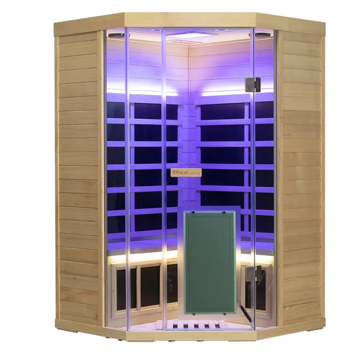 Wizzisaunas SH07 corner infrared sauna for 2-3 people featuring a sleek wooden design and interior lighting.