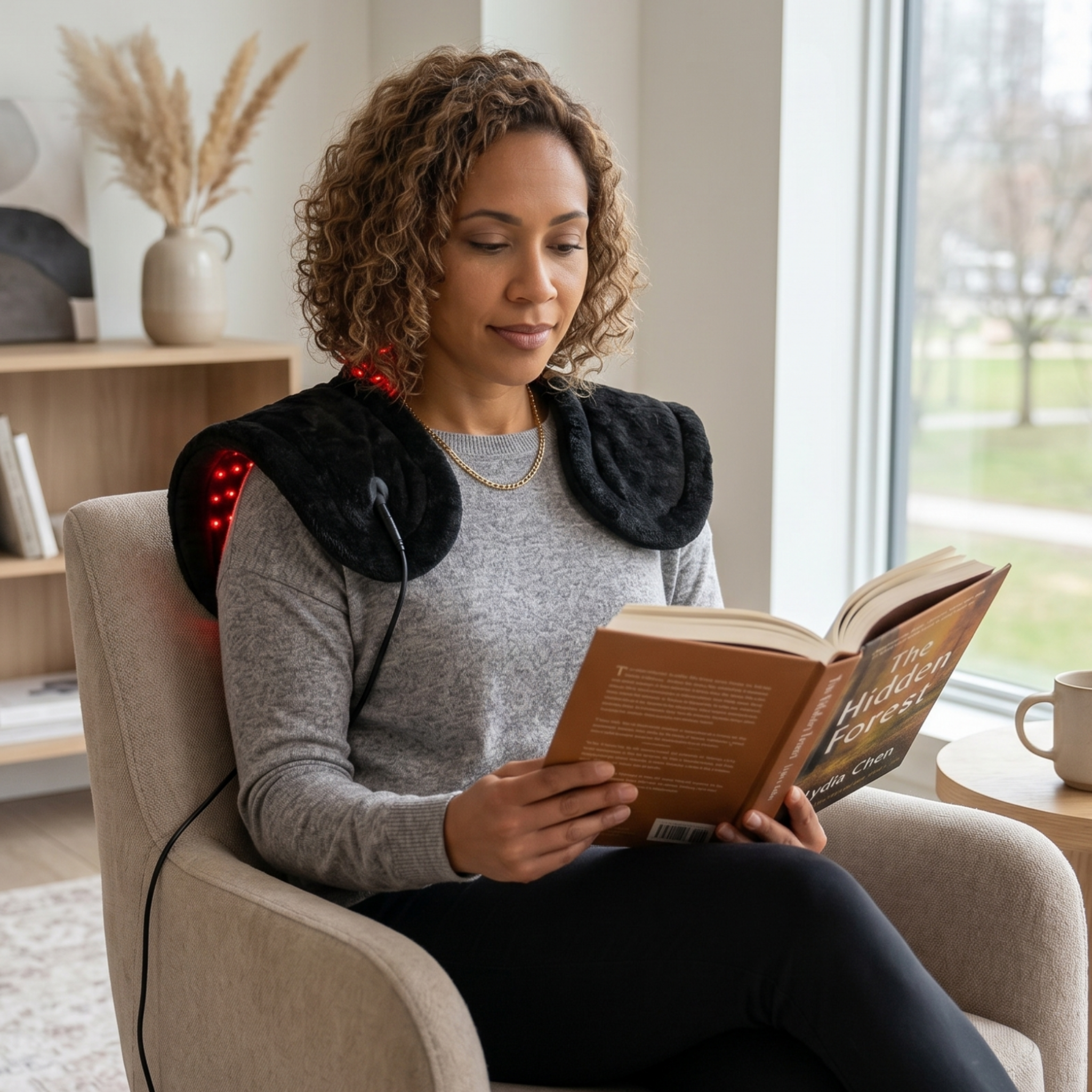 Woman relaxing with TheraPerfect Pad™ with Tri-Lite Red & Near Infrared Therapy while reading a book.