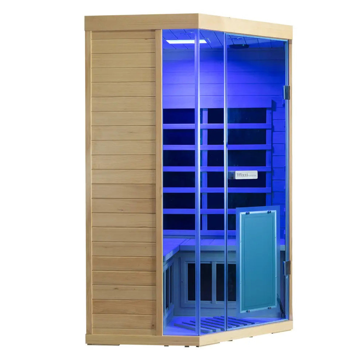 Wizzisaunas SH07 corner infrared sauna for 2-3 people with a sleek design and vibrant blue lighting.