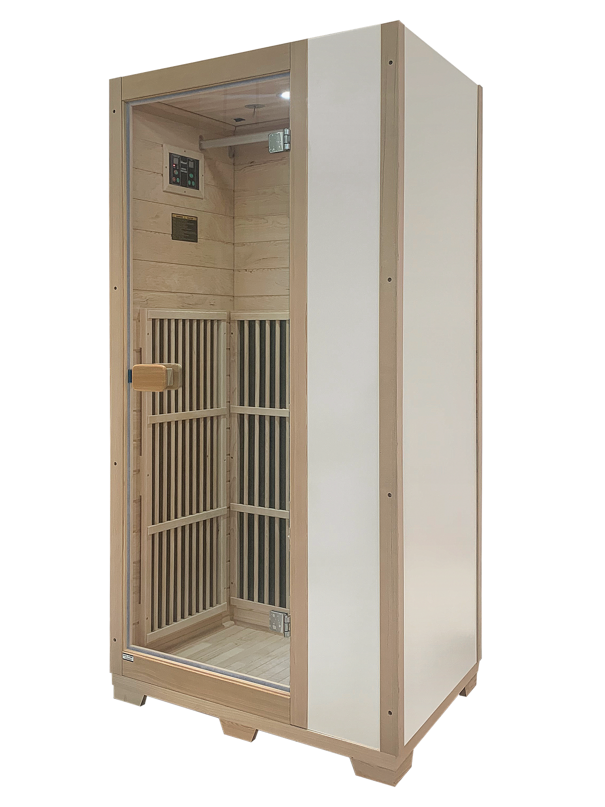 Blisspod Vienna 1-Person Far Infrared Sauna made of Canadian Hemlock, featuring very low EMF levels.