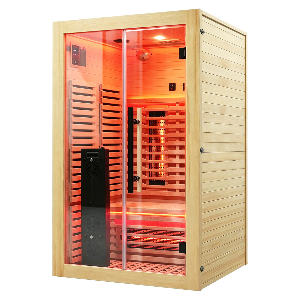 Blisspod infrared sauna with a light natural wood exterior, clear glass doors, and warm red-orange interior lighting, shown on a plain white background.