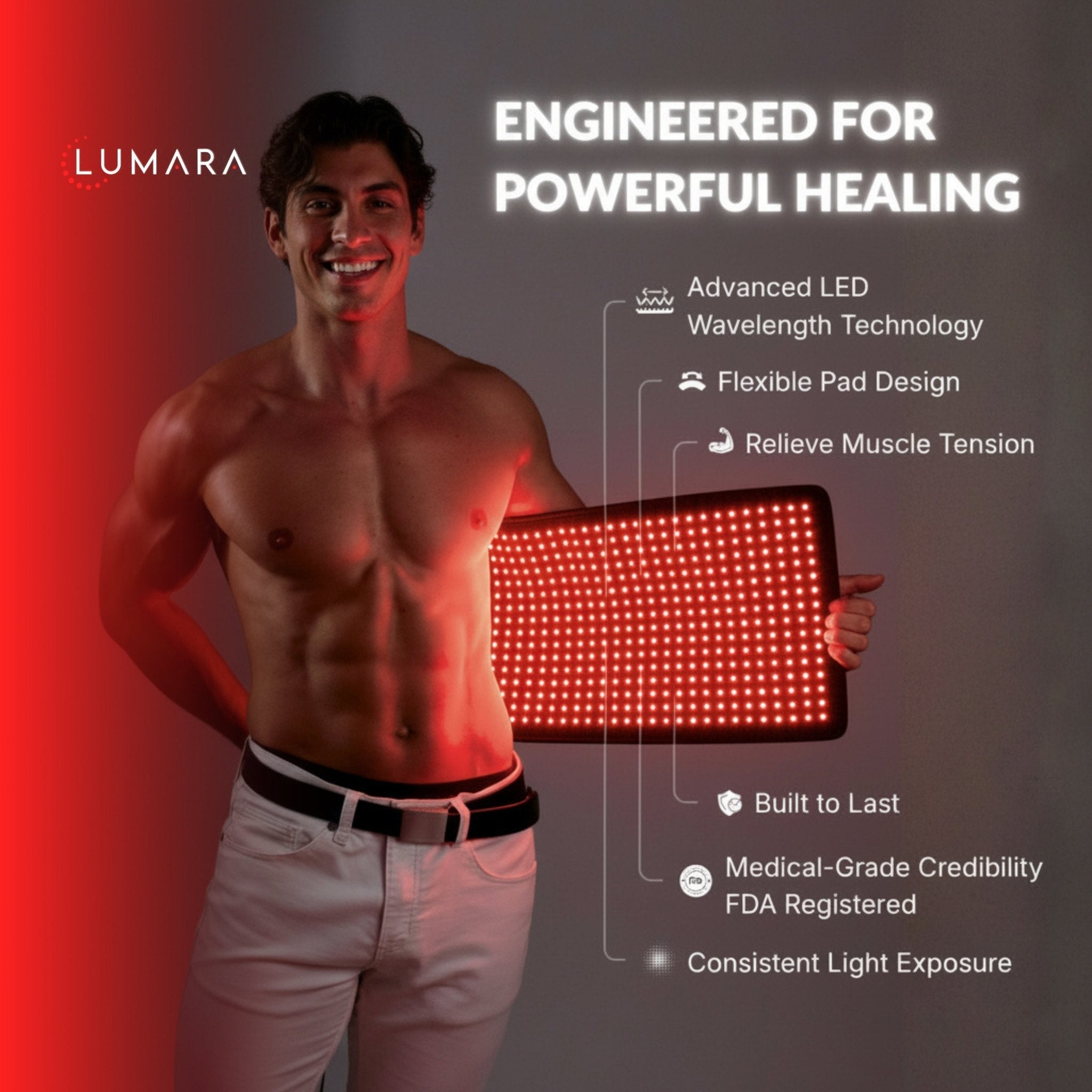Man holding a red LED panel with text about Lumara's product features on a dark background