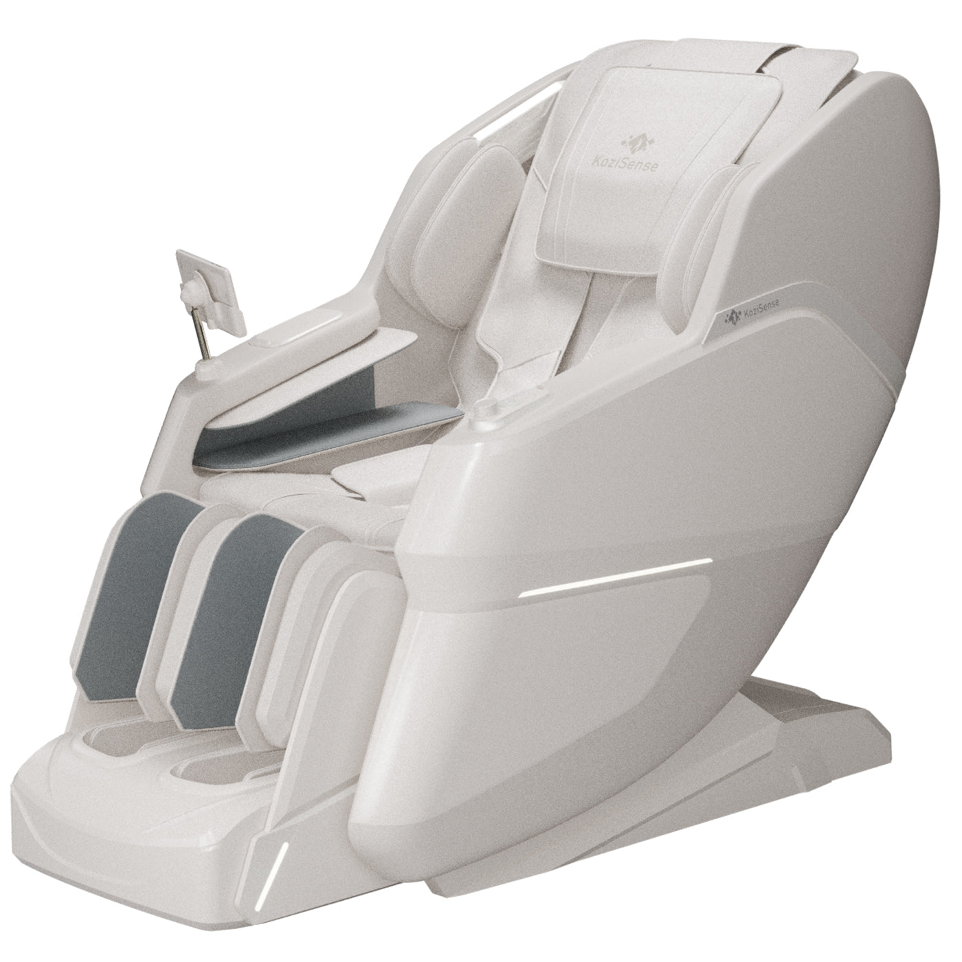"KoziSense KZ605 4D luxury massage chair in white with SL-track, zero gravity recline, and LED ambient lighting."
