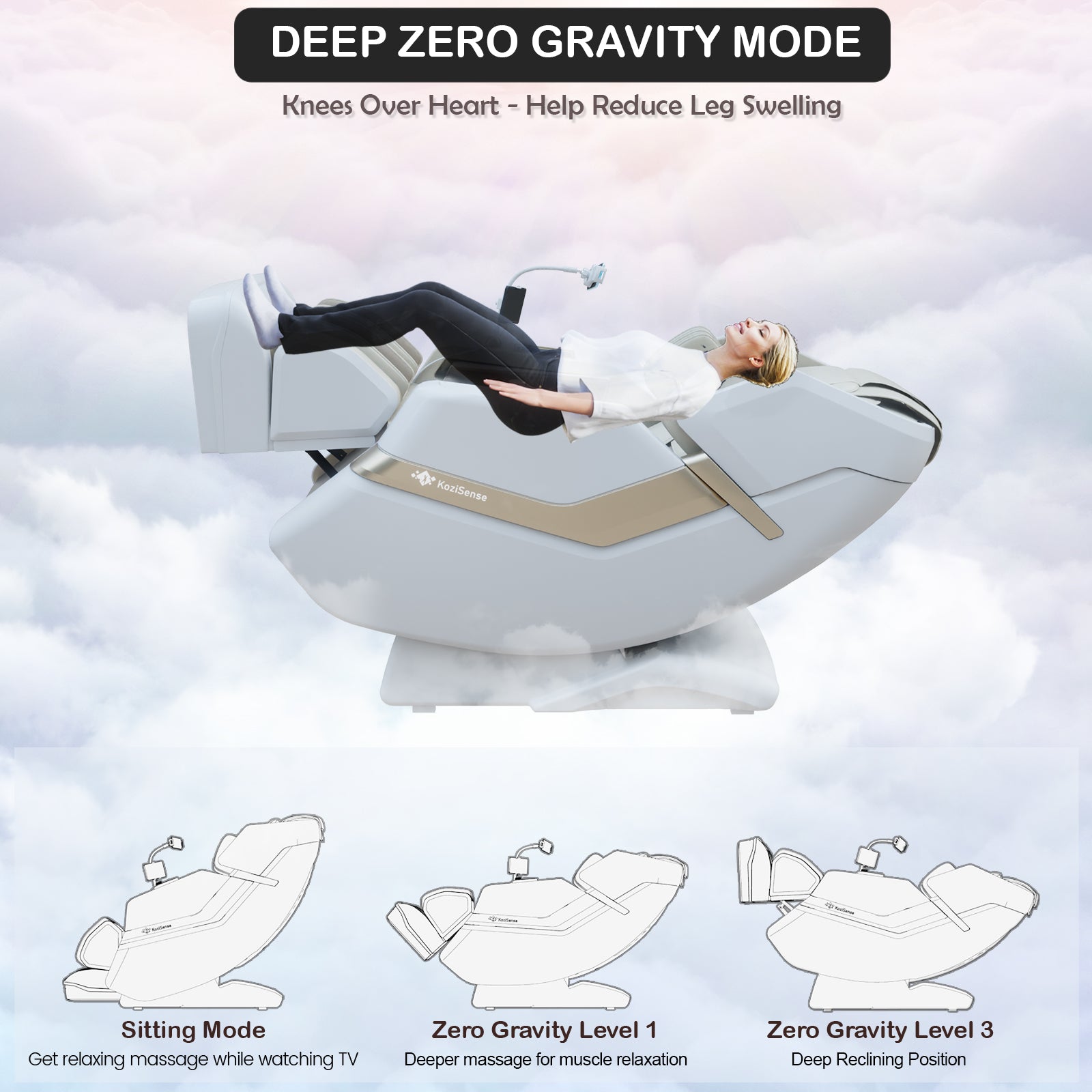 Deep Zero Gravity Mode reclining heated jade stone massage chair for leg swelling relief and relaxation.
