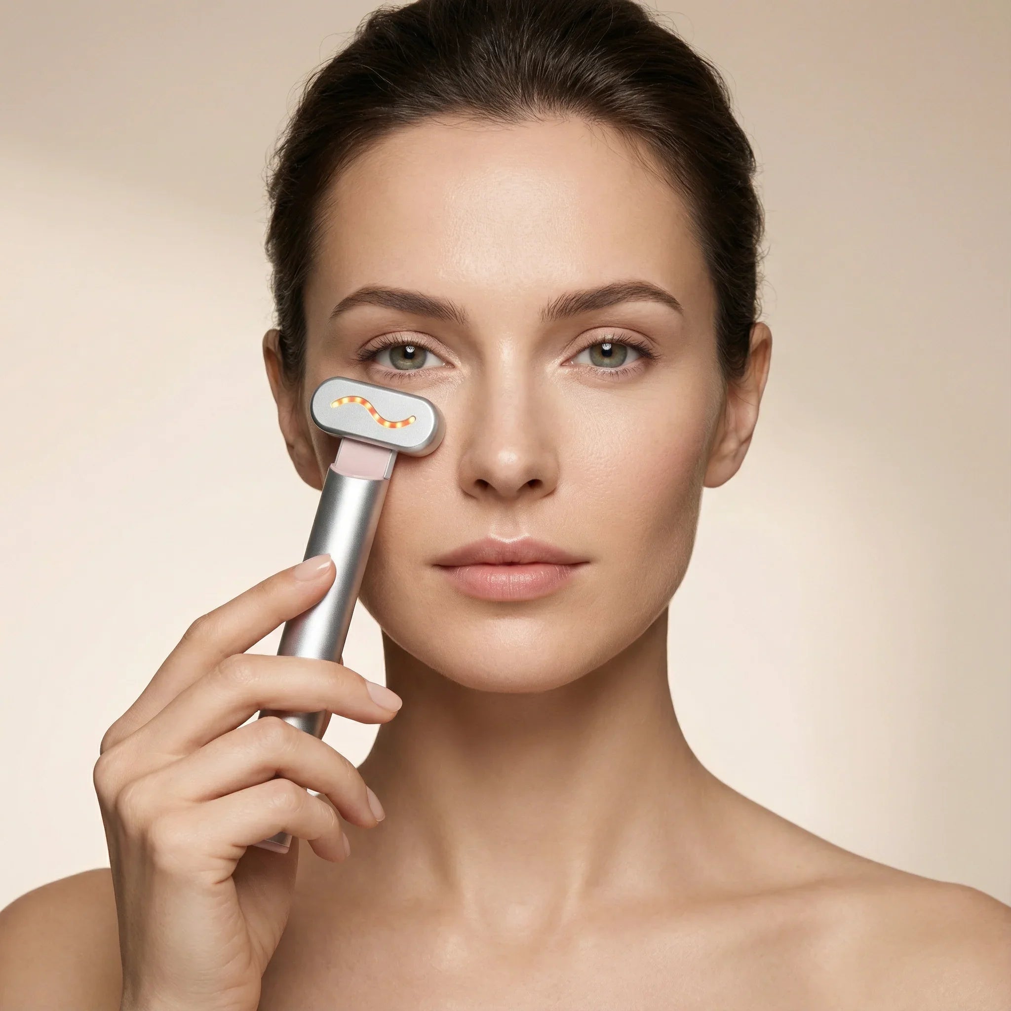 Woman using a Nicebeam red light skincare device on her face against a beige background