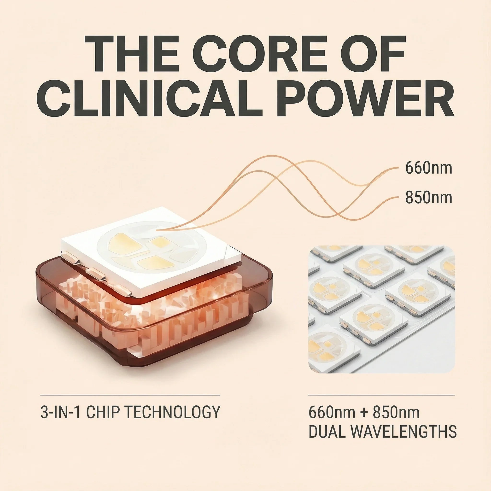 graphic for a 3-in-1 chip technology light source, showing a translucent amber device with a white top plate and yellow-tinted light panels, alongside a close-up of multiple chips.