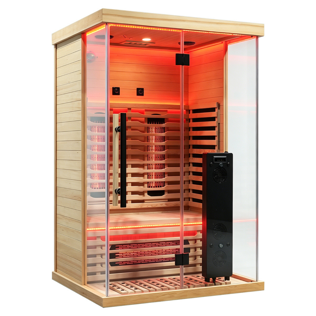 Full spectrum infrared sauna with red light therapy features and wooden design for enhanced wellness and relaxation.