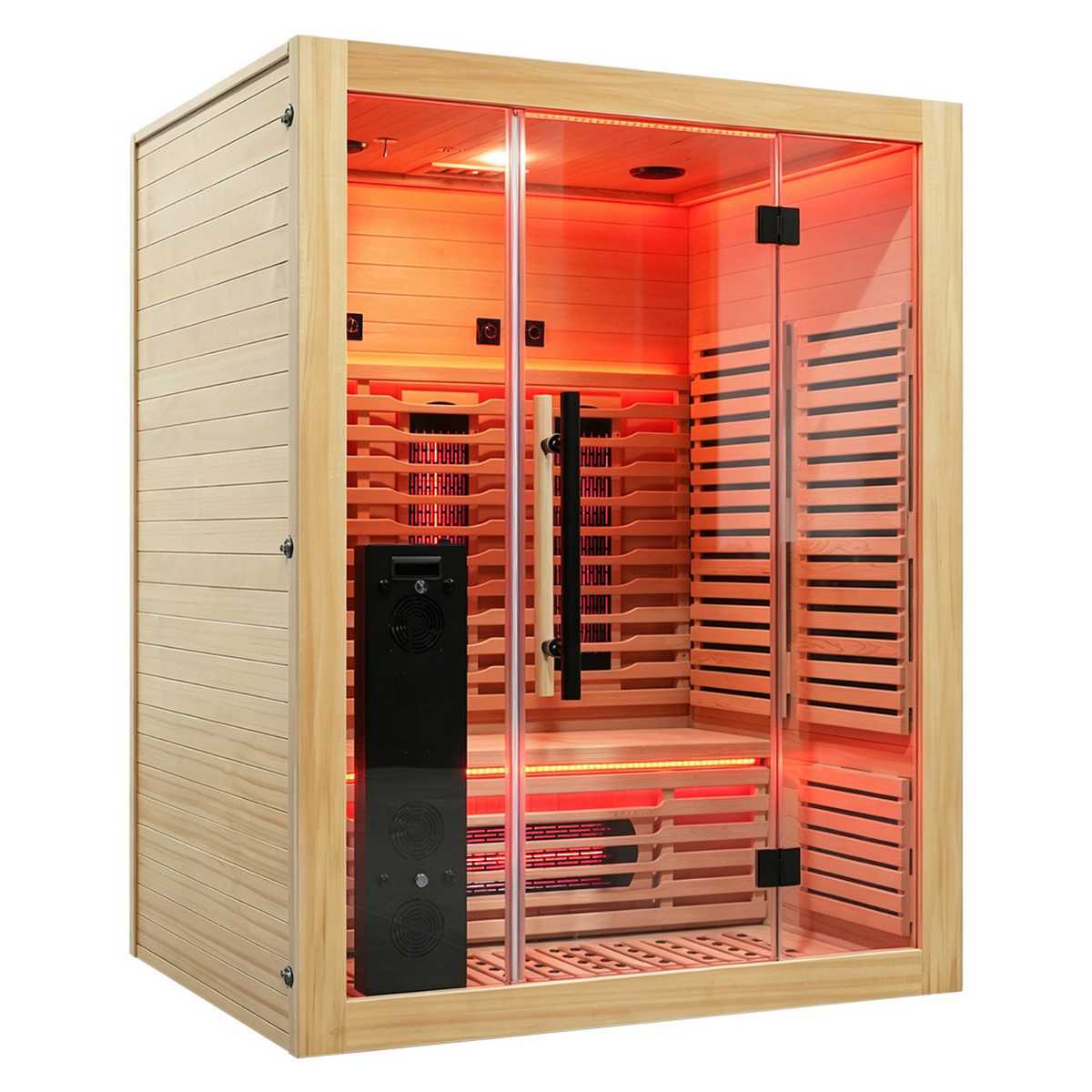 Blisspod Venetian infrared sauna cabin with glass doors, illuminated by warm red-orange interior lights. The exterior features light natural wood siding, and the interior has wooden benches, slatted walls, and a black control panel.