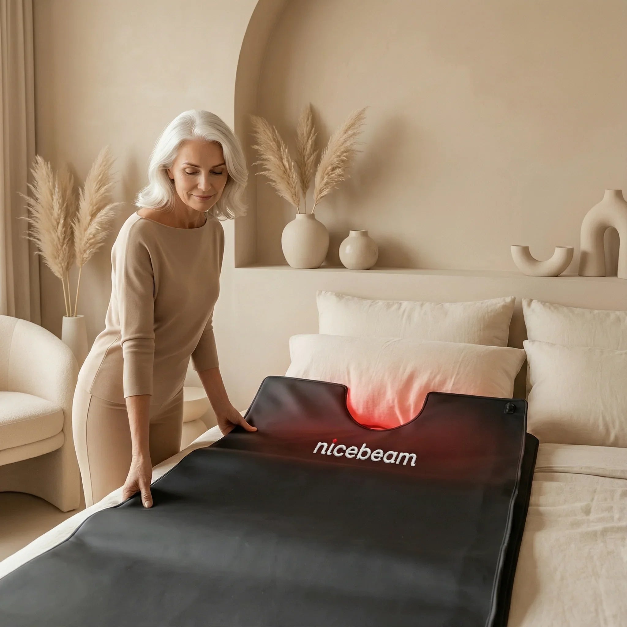 Woman setting up a Nicebeam therapy bag on a bed in a cozy bedroom.